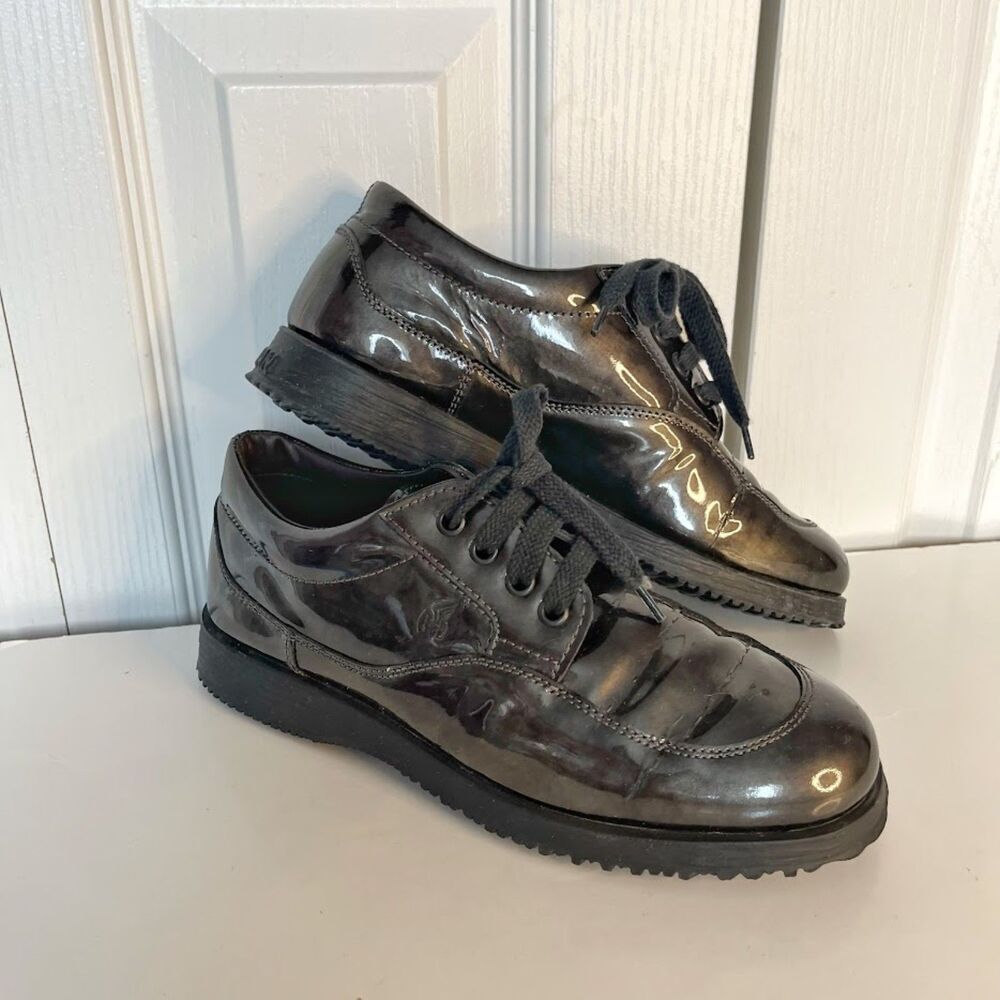 Hogan Patent Leather Metallic Shiny Lace Up Lug Heel Sneaker Shoes